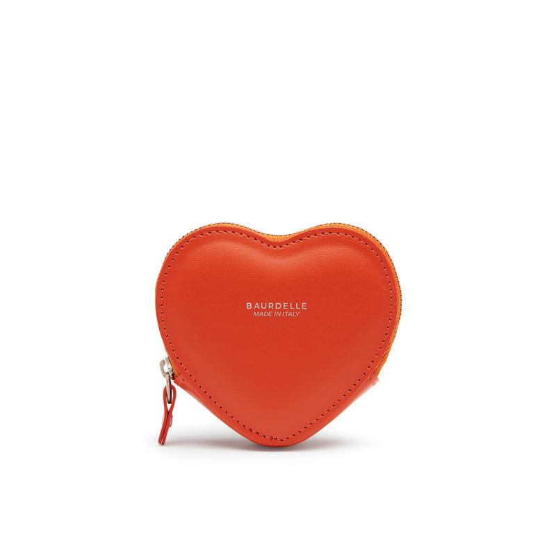borsellino a forma di cuore in pelle arancio e zip