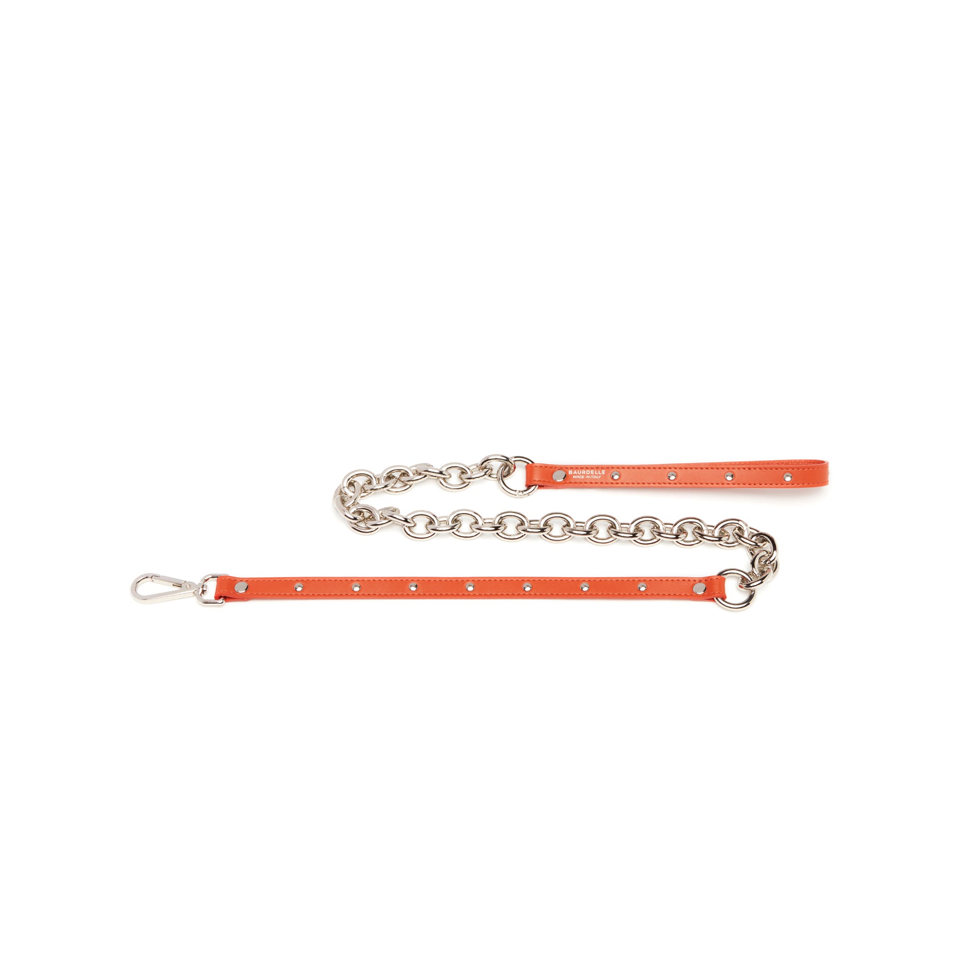 Guinzaglio in pelle arancio con catena nickel e borchie