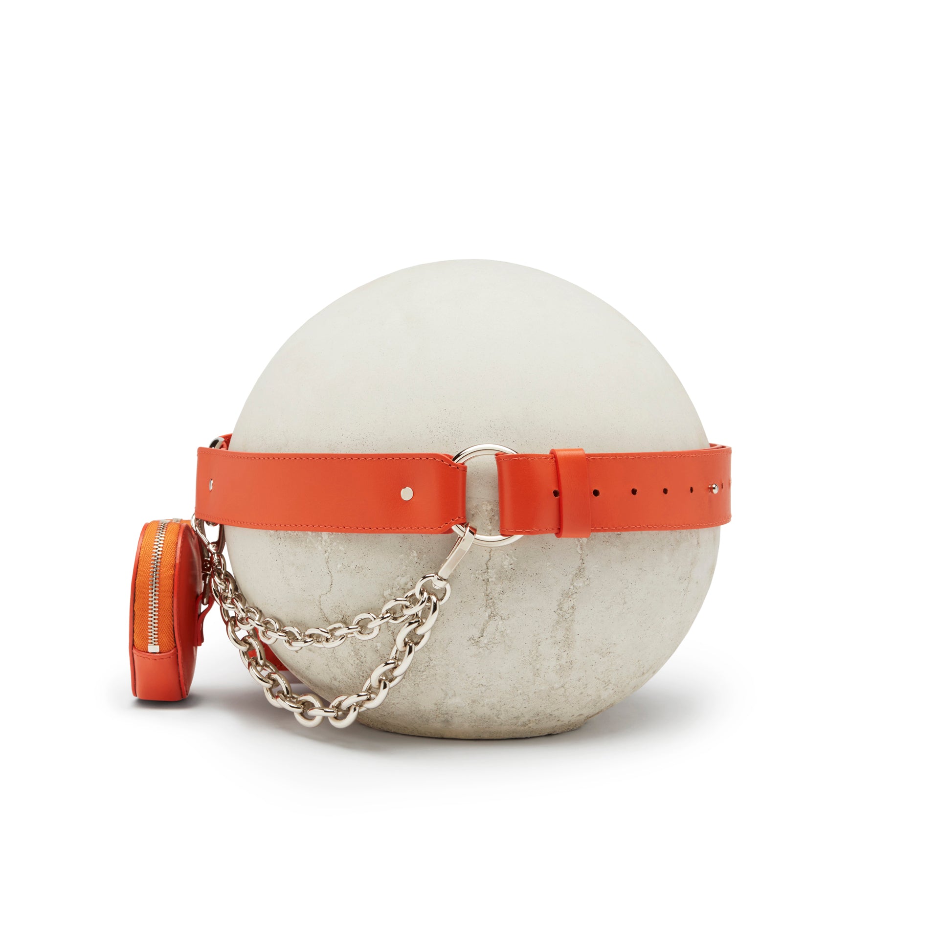 retro Cintura in pelle arancio con borsetta, borsellino a forma di cuore e catene nickel