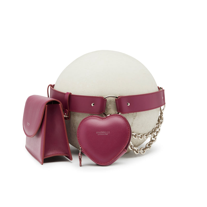Cintura multi pouch in pelle vinaccia con borsetta, borsellino a forma di cuore e catene nickel