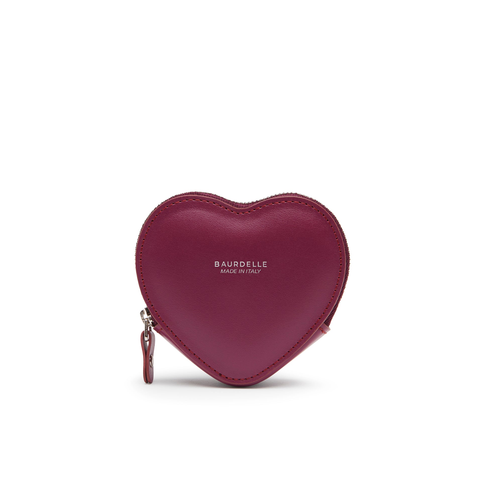 borsellino in pelle a forma di cuore color vinaccia con zip