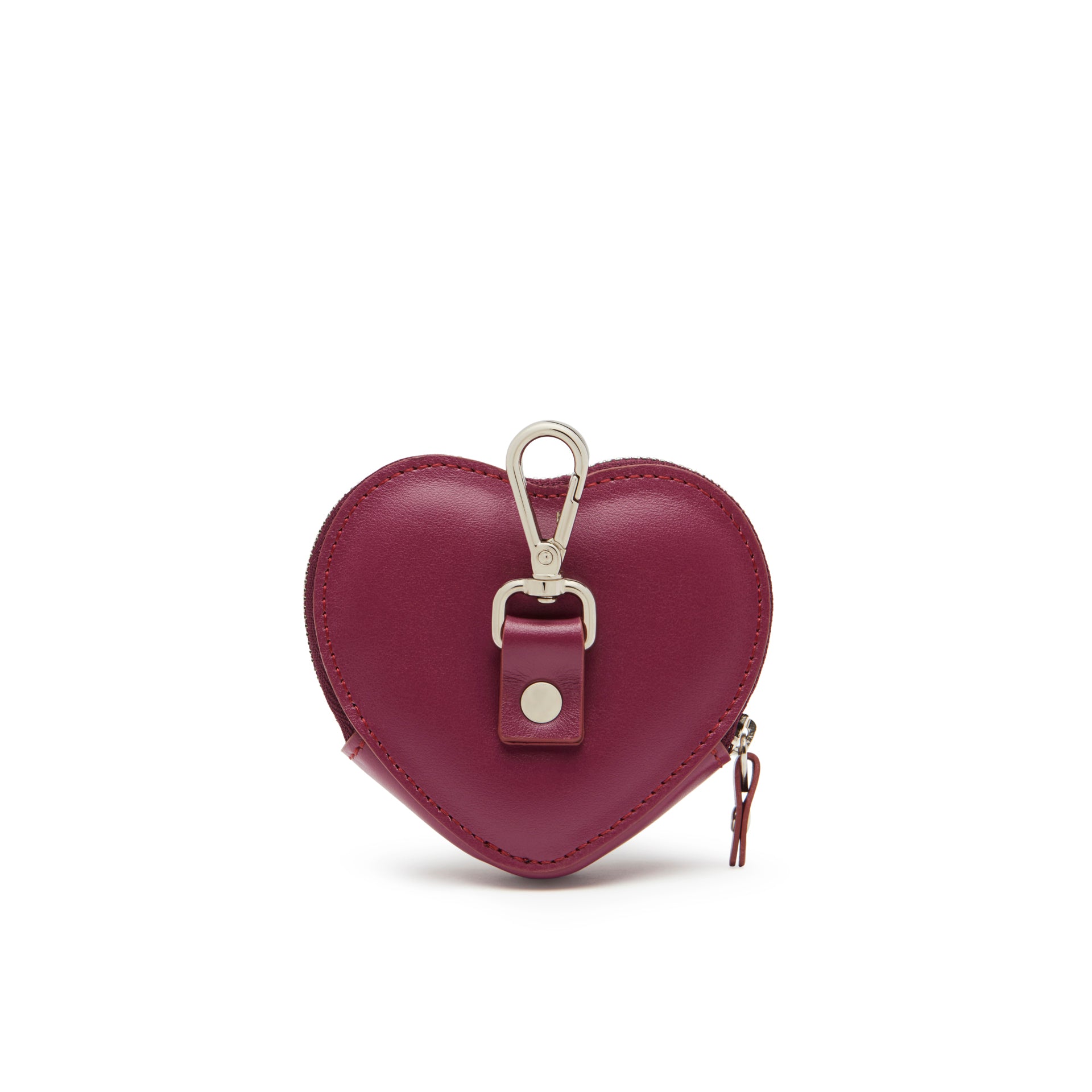 retro borsellino in pelle a forma di cuore color vinaccia con moschettone nickel