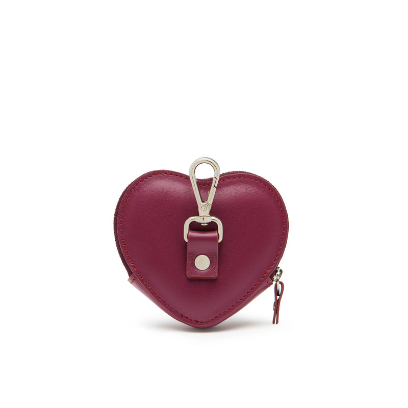 retro borsellino in pelle a forma di cuore color vinaccia con moschettone nickel