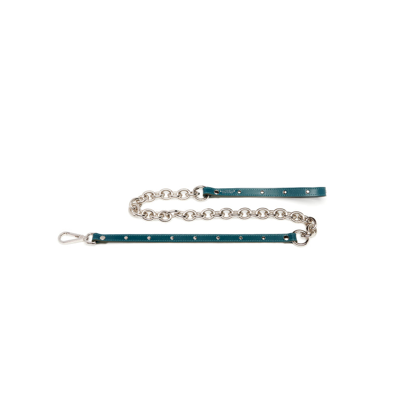 Guinzaglio in pelle color ottanio, con catena e borchie nickel
