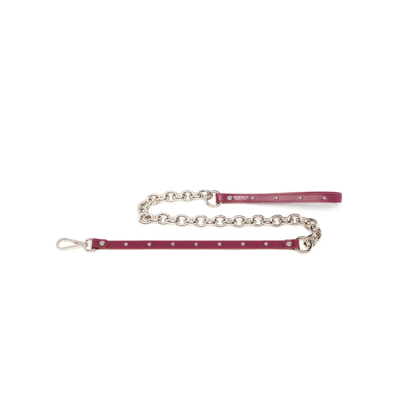 Guinzaglio in pelle color vinaccia con catena nickel e borchie