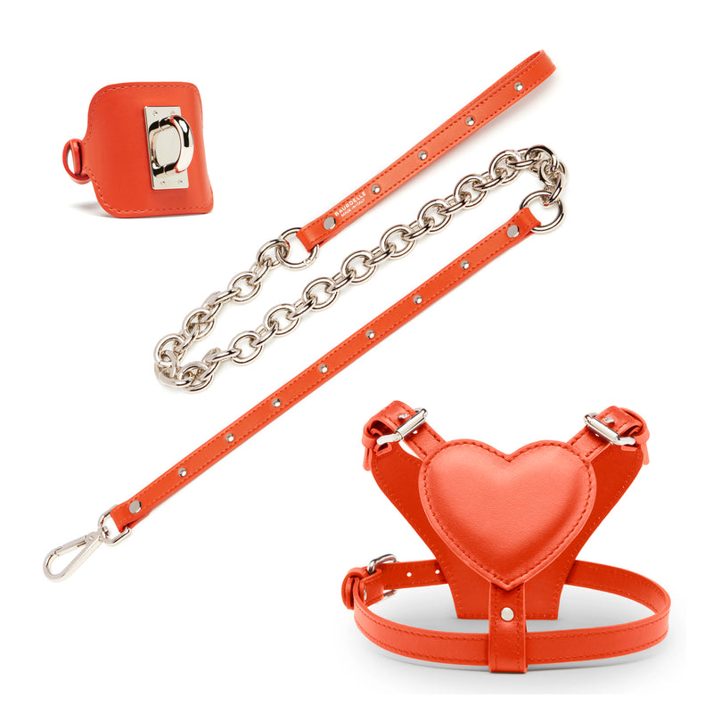 Set per cani di piccola media taglia in pelle di colore arancio, composto da guinzaglio con catena, pettorina a forma di cuore e polsino.